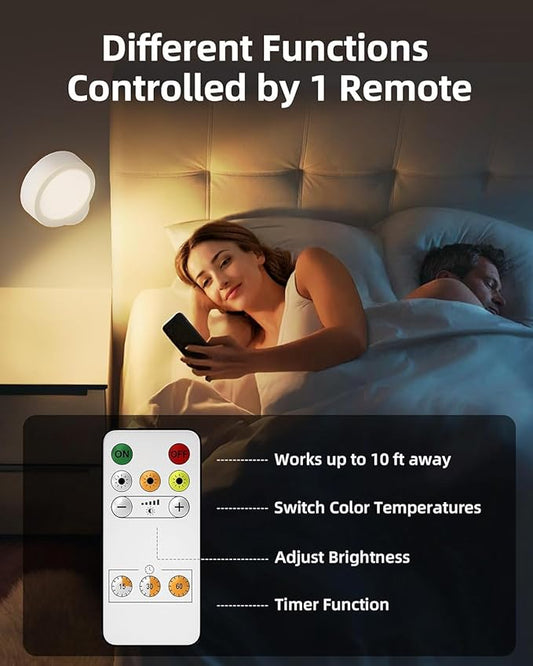 EZVALO LED Wall Mounted Light, 3000mAh Rechargeable Cordless Wall Sconce, Dimmable with Remote & Touch Control, 3 Color Temps, 360° Rotatable for Bedroom, Bedside, Reading(White, 3Pack)