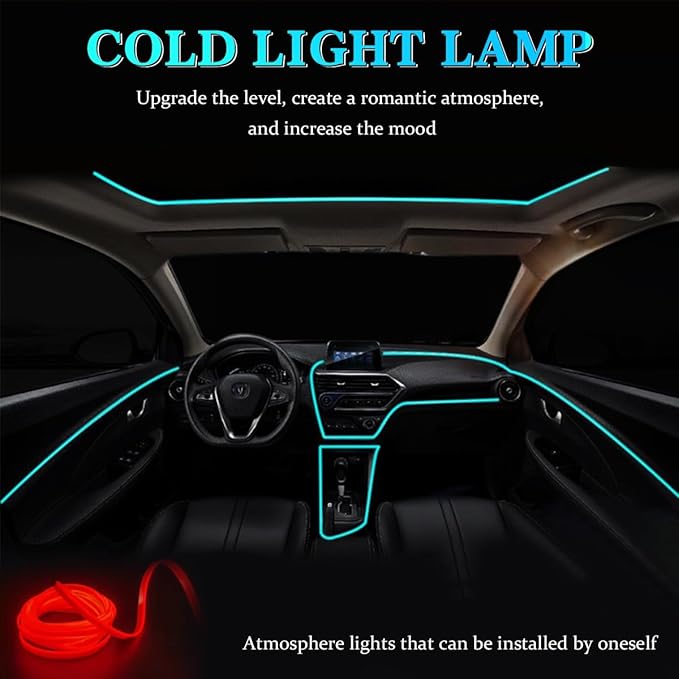 EL Wire Car Interior LED Strips Lights, 16FT 5V USB Auto Neon Light Strip, Electroluminescent Vehicle Interior Ambient Lighting Decor Accessories, Universal for RV, SUV, Truck (Red)