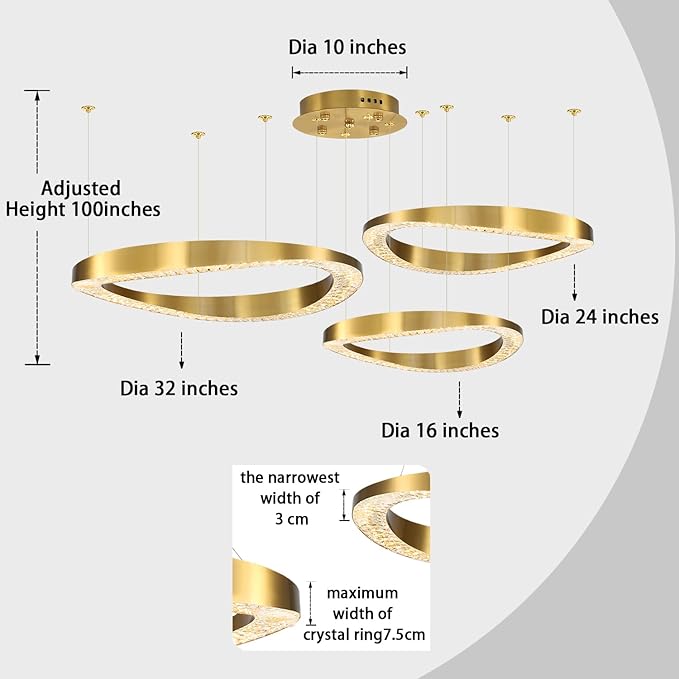 Flashing God Modern Gold Crystal Chandelier Lighting LED Dimmable Ceiling Light Fixture Contemporary Adjustable Stainless Steel 3 Rings Chandeliers Lights D16''+D24''+D32''