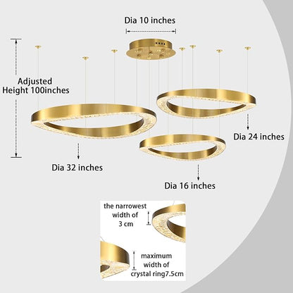 Flashing God Modern Gold Crystal Chandelier Lighting LED Dimmable Ceiling Light Fixture Contemporary Adjustable Stainless Steel 3 Rings Chandeliers Lights D16''+D24''+D32''