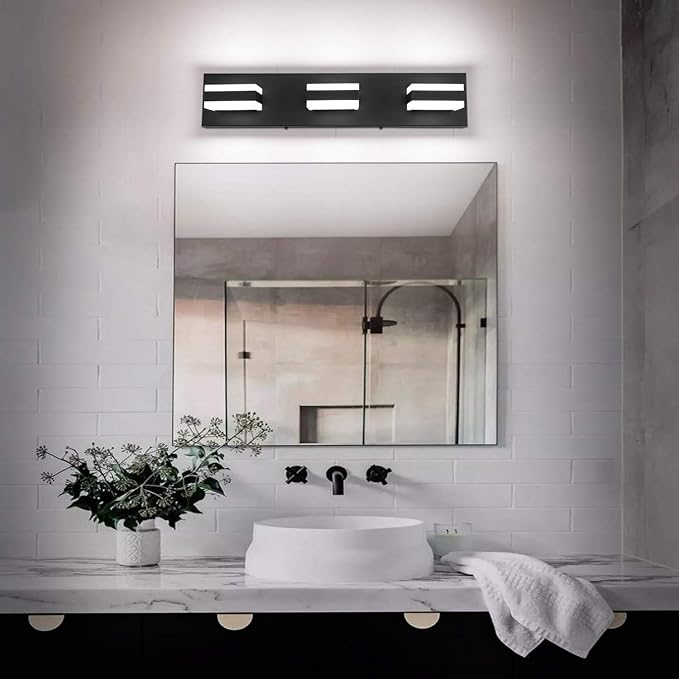 SOLFART Black Bathroom Vanity Light Fixtures Over Mirror LED Dimmable 3 Lights Bath Lighting Restroom Light Modern Vanity Lights for Bathroom Bath Lights