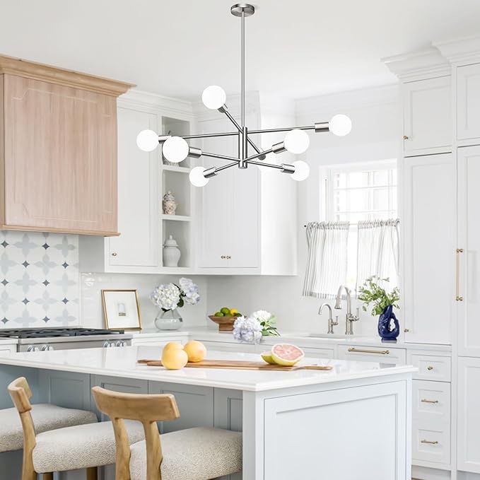 Sputnik Chandeliers Dining Room Light Fixture (8-Light, 30-Inch), Modern Brushed Nickel Chandelier, Height Adjustable Mid Century Modern Chandeliers for Dining Room Kitchen Island (Bulbs Not Included)