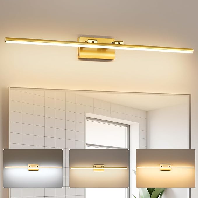 LED Bathroom Vanity Light, Modern Bathroom Light Fixture Over Mirror (3000K/4000K/6000K, Dimmable), Vanity Light Bar with Angle Adjustable, 40 Inch, Brass