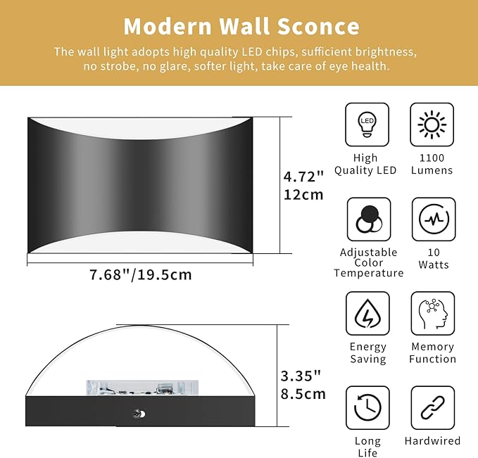 Black Modern LED Wall Sconce, 3 Colors Indoor Wall Lights, 10W Hardwired Up and Down Aluminum Wall Mount Lamp for Bedroom Living Room Hallway Corridor (Black, 6 Pack)