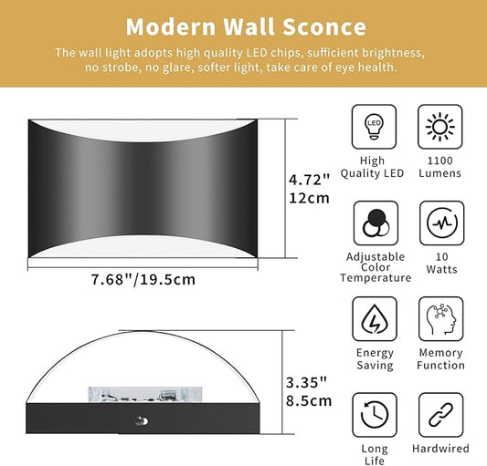 Black Modern LED Wall Sconce, Hardwired Wall Sconces Set of 2, 3 Colors Indoor Wall Lamp, 10W Up and Down Aluminum Wall Mount Light for Bedroom Living Room Hallway Corridor (Black, 2 Pack)