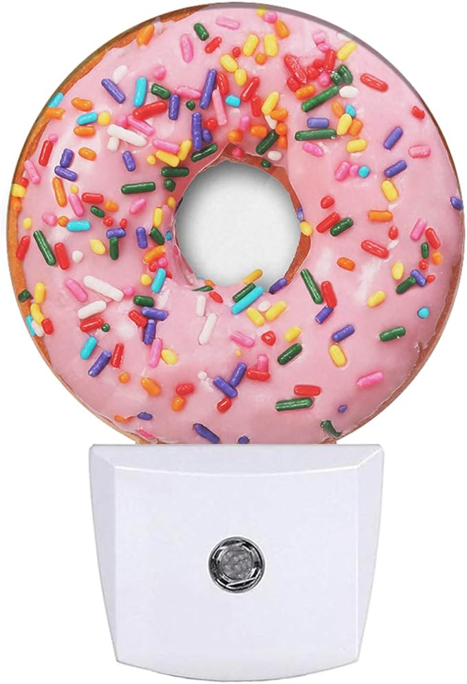 Pink Donut Dusk to Dawn Night Light Sweets Snacks Donut with Sprinkles Night Lights Plug in into Wall Auto Sensor LED Lighting with for Women Girls Gift