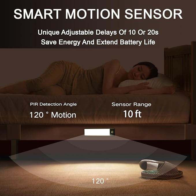 Under Cabinet Lighting, 2400mAh Rechargeable Motion Sensor Light Indoor, Cordless Closet Lights with 10s/20s Delay, Magnetic Under Counter Lights Battery Operated for Kitchen, Stairway(7.8in, 2 Pack)