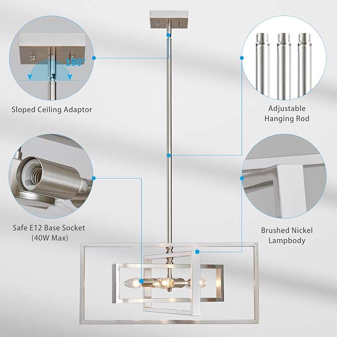 XINGQI Brushed Nickel Chandelier 22" Modern Pendant Light Fixture Ceiling 5-Lights Large Geometric Chandeliers for Dining Room Living Room Kitchen Island Bedroom