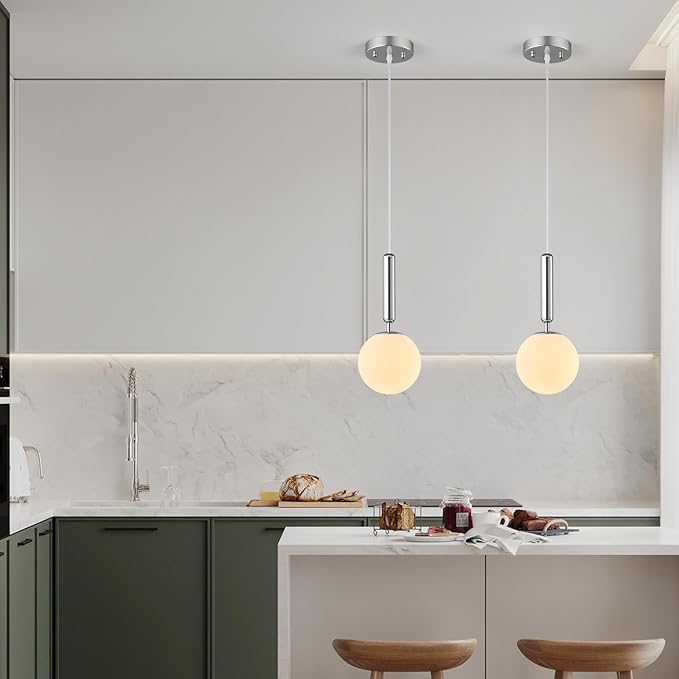 Modern Hanging Light Fixture Pendant Lighting for Kitchen Island Mid Century Chrome Pendant Lights with Globe Milky White Glass Pendant Light for Bedroom Bathroom Entryway (1 Pack)