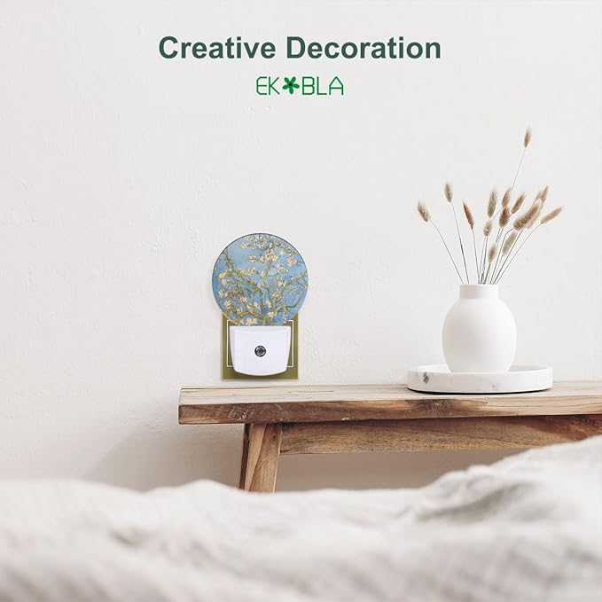 EKOBLA Van Gogh Almond Blossom Plug-in Night Light, Floral Painting LED Nightlight with Sensor, 0.5W Sleep Friendly