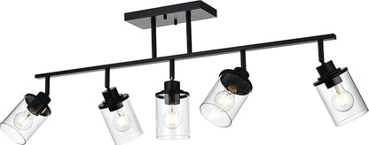 5-Light Adjustable Track Lighting Kit in Matte Black Semi Flush Mount Ceiling Light with 5 Rotatable Light Heads Modern Vanity Lights for Bathroom, Clear Glass Shade