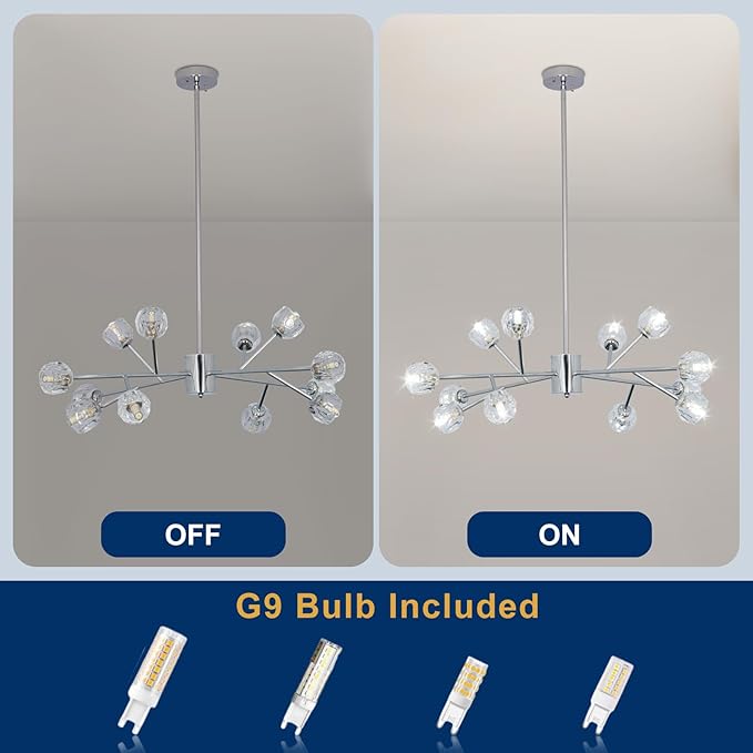 Depuley Chandelier Ceiling Light Fixture: 12-Light Modern Sputnik Chandelier for Dining Room - Height Adjustable Mid Century Chrome Crystal Chandelier for Bedroom Living Room (Included G9 Bulbs)