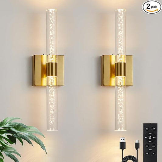Battery Operated Wall Sconce Set of Two, Rechargeable Modern Crystal Bathroom Sconces, 3000K-6000K Dimmable Gold LED Wireless Wall Lights for Vanity Bedroom Living Room Hallway