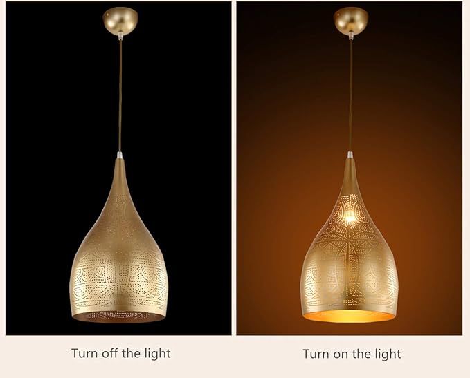 Vintage Chandelier, Turkish Lamp Moroccan Etching Pendant Light, Industrial Porous Arabic Ceiling Light Fixture Pendant Lighting for Kitchen Island Restaurant Hallway Foyer (Gold)