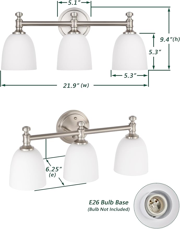 Bathroom Vanity Light, 3-Light Bathroom Light Fixtures Over Mirror, Traditional Vanity Lights for Living Room, Milk White Bell Glass Shades, Standard E26 Base, Brushed Nickel