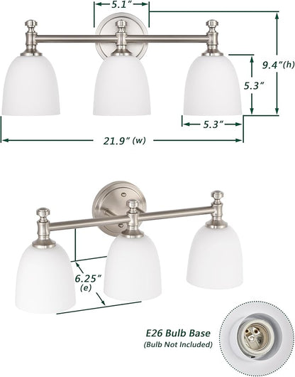 Bathroom Vanity Light, 3-Light Bathroom Light Fixtures Over Mirror, Traditional Vanity Lights for Living Room, Milk White Bell Glass Shades, Standard E26 Base, Brushed Nickel