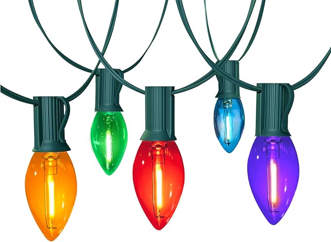 C9 Christmas Lights Outdoor, 25FT Waterproof Multicolor LED String Lights for Roofline Xmas Tree Patio Holiday Party Decor - UL Listed, Commercial Grade, Green Wire