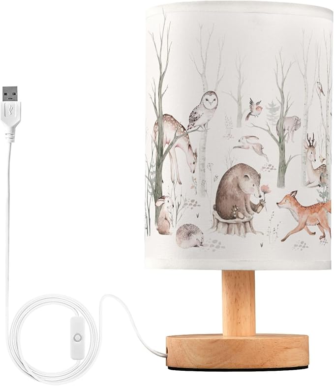 Woodland Animal Bear Fox Deer Owl Hedgehog Bird Bunny Forest Tree Table Lamp with Wood Base Fabric Lamp Shade Bedside Nightstand Desk Lamp for Living Room Bedroom Kids Room Office