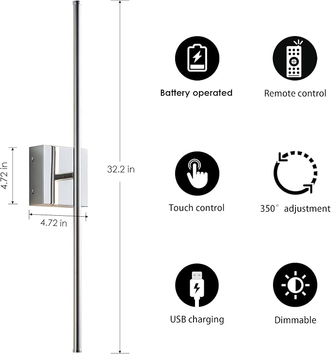 KARTOOSH Battery Operated Wall Sconces with Remote Control, Dimmable Wall Sconces Set of Two, 350°Rotate, 3000K LED Chrome Wireless Wall Light for Living Room, Hallway, Bedroom, 32.2 Inch (2 Pack)