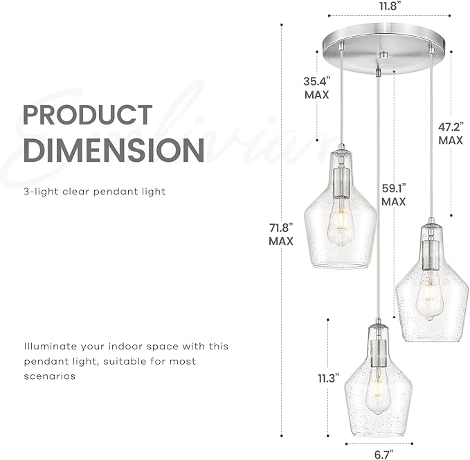 Emliviar Modern Kitchen Chandelier Brushed Nickel, 3-Light Hanging Pendant Lighting with Seeded Glass, Cluster Pendant Light Fixture for Entryway, DYE286G2-3 BN