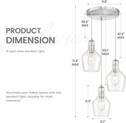 Emliviar Modern Kitchen Chandelier Brushed Nickel, 3-Light Hanging Pendant Lighting with Seeded Glass, Cluster Pendant Light Fixture for Entryway, DYE286G2-3 BN