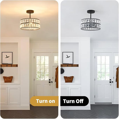 Matte Black Crystal Ceiling Light, Modern Semi Flush Mount Ceiling Lighting, Hallway Lighting Fixtures, Small Chandelier Light Fixture for Kitchen Entryway Bedroom Dining Room, 3-Light, 12 Inch