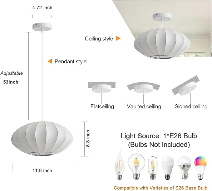 12 Inch Small Lantern Pendant Light fixtures, Imitation Silk Ceiling Hanging Pendant Light Japanese Lamp White Chandelier for Dinning Room Living Room Kitchen Island Bedroom Restaurant