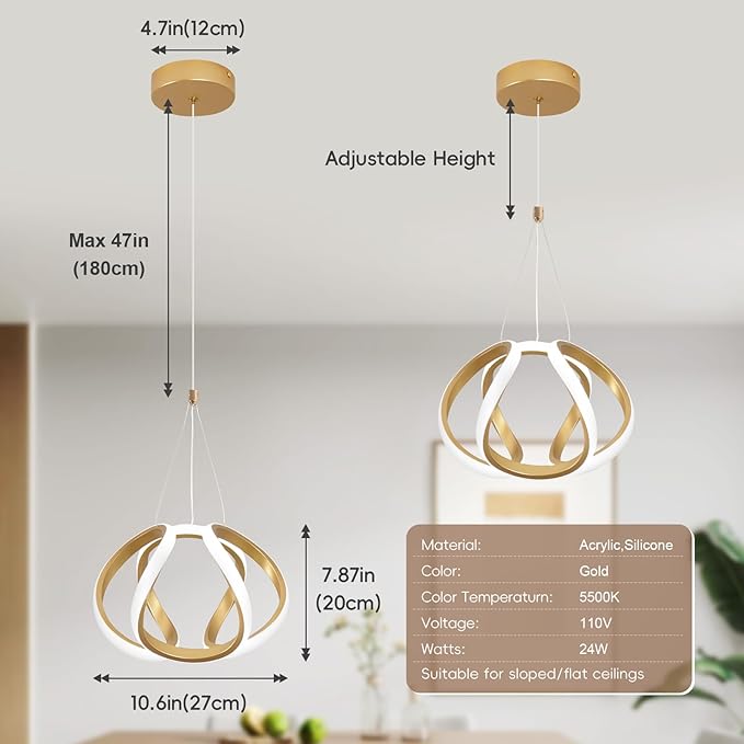 CANEOE Modern Led Pendant Light, 5500K Gold Led Pendant Lights Kitchen Island, Adjustable Height LED Hanging Light Fixtures for Dining Room Bedroom Kitchen Island Pendant Lighting,1 Pack