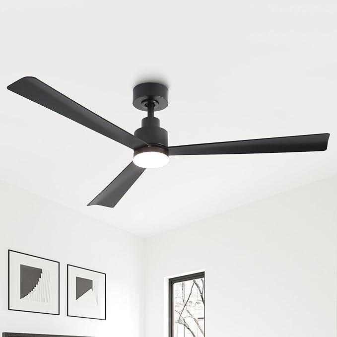 52" Black Ceiling Fan with Light and Remote, Modern 3-Blade DC Motor Ceiling Fan, Quiet Reversible Airflow, 6-Speed LED, Use for Bedroom Living Room Kitchen Indoor Use