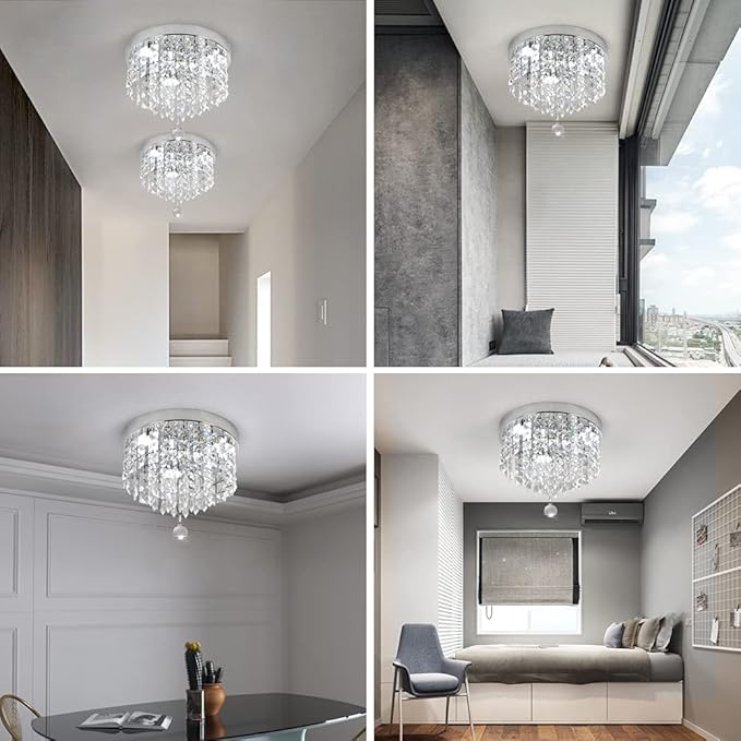 Deckrico Crystal Chandelier Modern Led Ceiling Light Flush Mount Stainless Steel Fixture Beaded Light Shade for Bedroom Dining Room Hallway Porch (White Light)