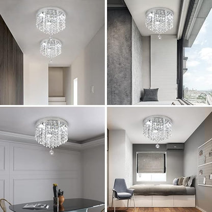 Deckrico Crystal Chandelier Modern Led Ceiling Light Flush Mount Stainless Steel Fixture Beaded Light Shade for Bedroom Dining Room Hallway Porch (White Light)