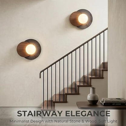 Natural Travertine Wall Sconce, Minimalist Walnut & Stone Wall Light with G9 LED Bulb, Modern Geometric Globe Wall Lamp for Bedroom Bedside, Hallway, Living Room, Warm Organic Decor