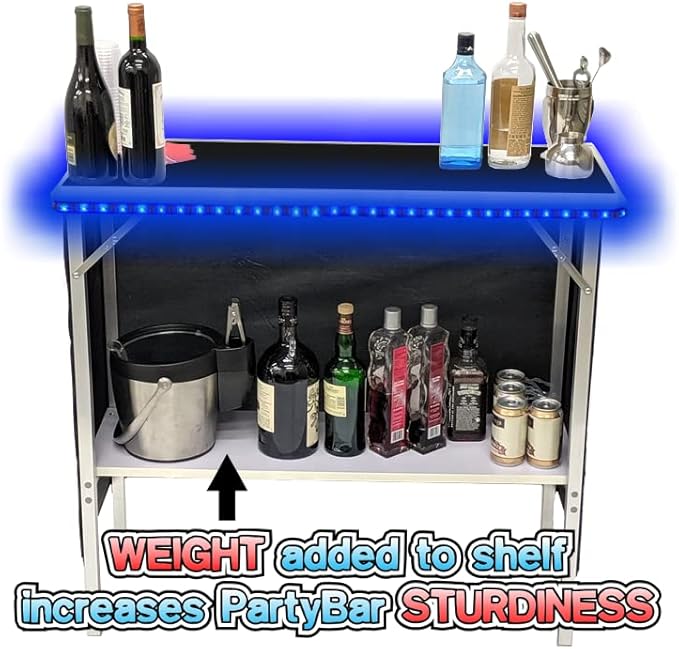 Folding Portable Party Bar w/Patended LED Lights, Black & Hawaiian Bar Skirts, Storage Shelf, & Carrying Case