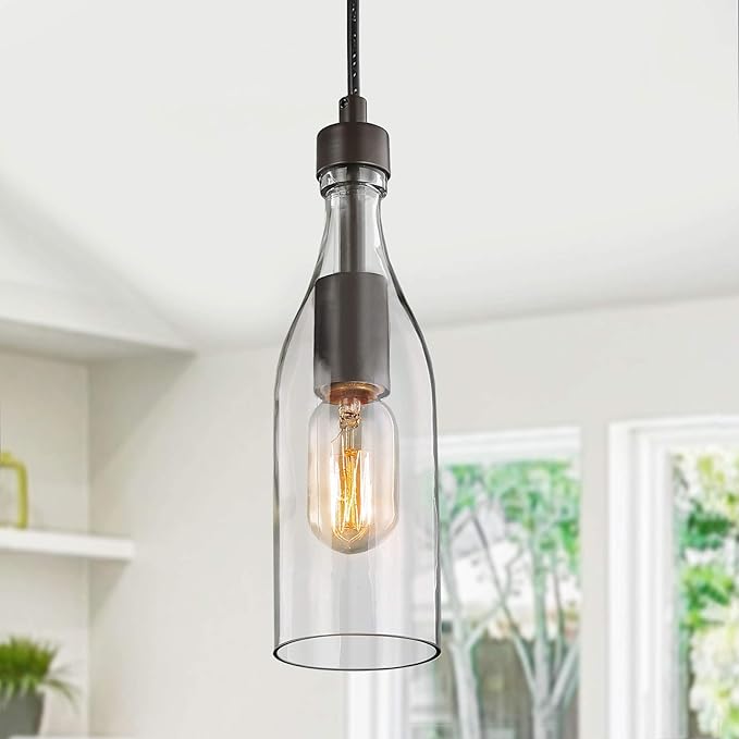 LNC Glass Pendent Lighting for Kitchen Island, Modern Farmhouse Glass Hanging Fixtures for Dining Room, 5” x 5” x 11.2”, 1-Light