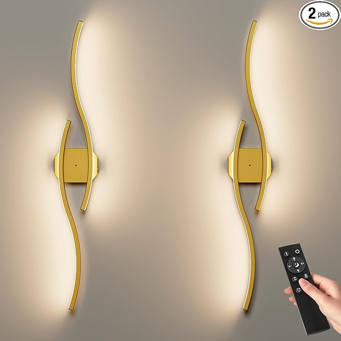 hunhun Battery Operated Wall Sconces Set of Two, Wireless Wall Sconce with Remote Control, Gold Rechargeable Sconces 3000K-6500K, RGB Dimmable Wall Lights for Living Room, Hallway, Bedroom