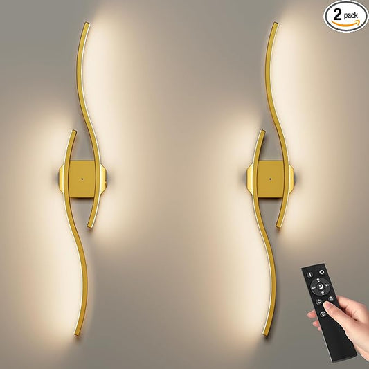 hunhun Battery Operated Wall Sconces Set of Two, Wireless Wall Sconce with Remote Control, Gold Rechargeable Sconces 3000K-6500K, RGB Dimmable Wall Lights for Living Room, Hallway, Bedroom