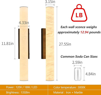 LMQNINE Natural Alabaster Wall Sconces Spanish Marble Wall Light Cylinder Modern Black LED Sconce for Living Room Bedroom Bathroom Stairs（M-1Pack）