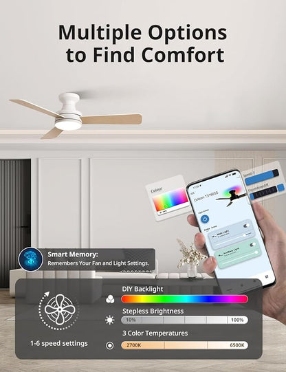Orison Ceiling Fans with Lights – 42" Low Profile Flush Mount, Smart RGB Backlight & Dimmable LED, Alexa & Google Compatible, 6-Speed Reversible, App & Remote Control, Quiet & Energy Saving, White