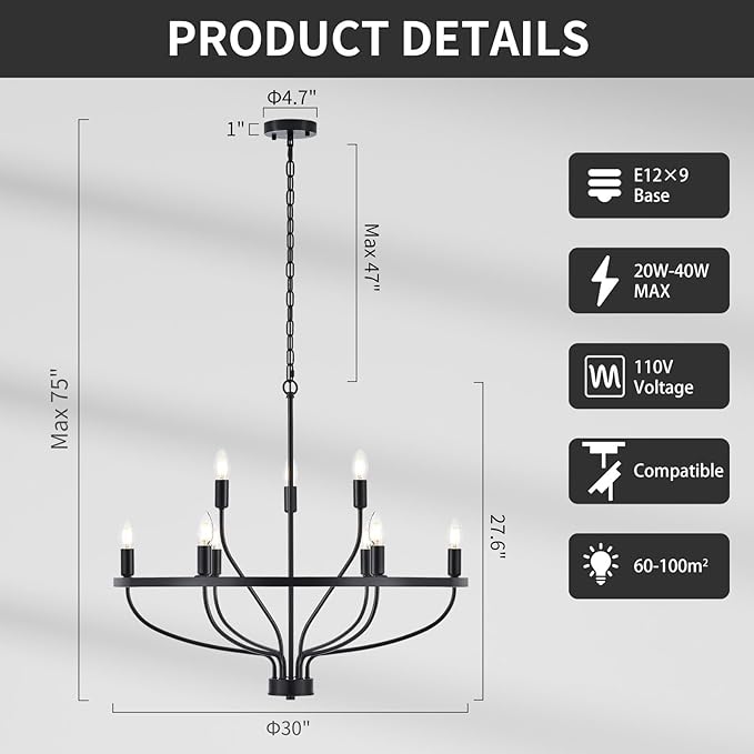 Industrial 30" Black Chandelier Vintage 9-Lights Farmhouse Candle Style Black Chandeliers Light Fixture Retro Modern Black Chandelier for Dining Room, Kitchen Island, Living Room, Bedroom, E12