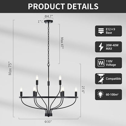 Industrial 30" Black Chandelier Vintage 9-Lights Farmhouse Candle Style Black Chandeliers Light Fixture Retro Modern Black Chandelier for Dining Room, Kitchen Island, Living Room, Bedroom, E12