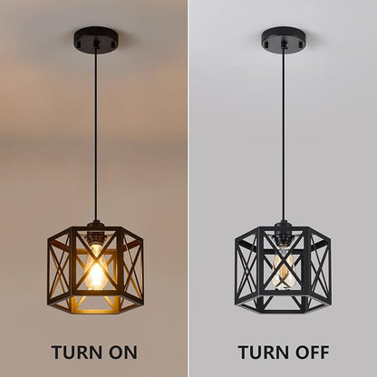 XSDeTu 2 Pack Farmhouse Pendant Lights, Modern Black Hanging Light Fixture with Hexagonal Cage, Industrial Metal Ceiling Lights, Adjustable Lantern Pendant Lighting for Kitchen Island Sink Hallway