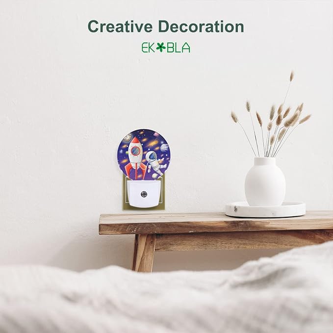 EKOBLA Astronaut Plug-in Night Light, Space Rocket & Planet Cartoon LED Nightlight with Auto Sensor for Boys Bedroom