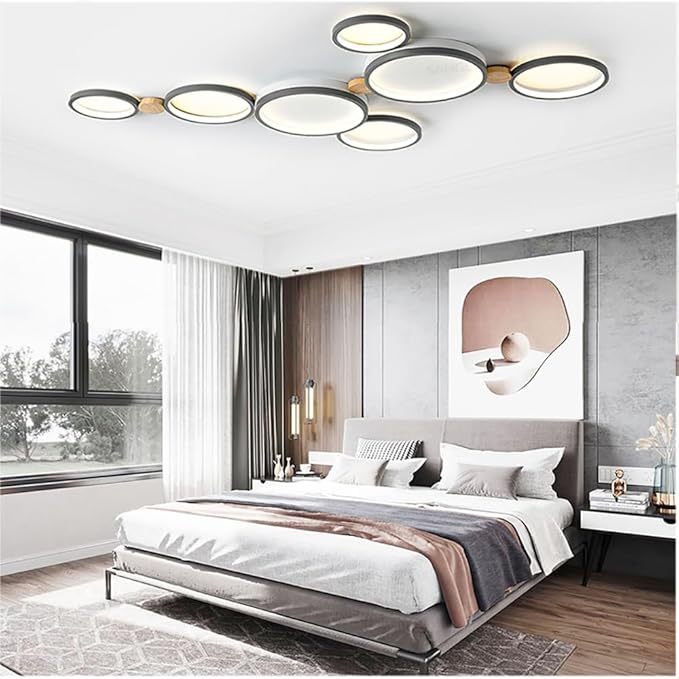 7-Lights LED Ceiling Light Fixture,42 Inch Modern Ceiling Lights Flush Mount Wooden 47W Dimmable Chandelier for Living Room Bedroom Kitchen,3000K/4000K/6000K Temperatures Selectable Grey