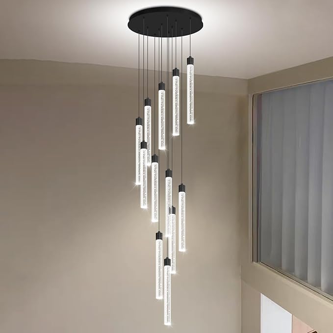 118'' Modern Crystal Column Chandelier for High Ceiling LED Dimmable Crystal Pendant Light Staircase Foyer Enterway Living Room Ceiling Chandelier Lighting Black 12 Lights