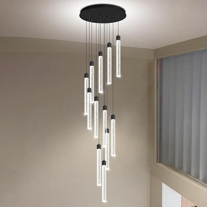 118'' Modern Crystal Column Chandelier for High Ceiling LED Dimmable Crystal Pendant Light Staircase Foyer Enterway Living Room Ceiling Chandelier Lighting Black 12 Lights