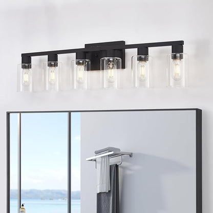 6 Light Bathroom Vanity Light, Matte Black Vanity Light Fixtures, Large Vanity Lights for Bathroom, Farmhouse Light Fixtures with Clear Glass Shade for Bathroom Over Mirror