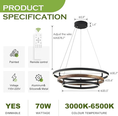 Benkut 3 Rings Modern LED Chandelier Black Dimmable Circular Pendant Light for Dining Room, Foyer Chandelier with Remote Control Flush Mount High Ceiling Light for Kitchen Living Room, D30.7In