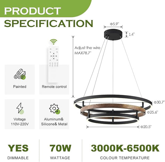 Benkut 3 Rings Modern LED Chandelier Black Dimmable Circular Pendant Light for Dining Room, Foyer Chandelier with Remote Control Flush Mount High Ceiling Light for Kitchen Living Room, D30.7In