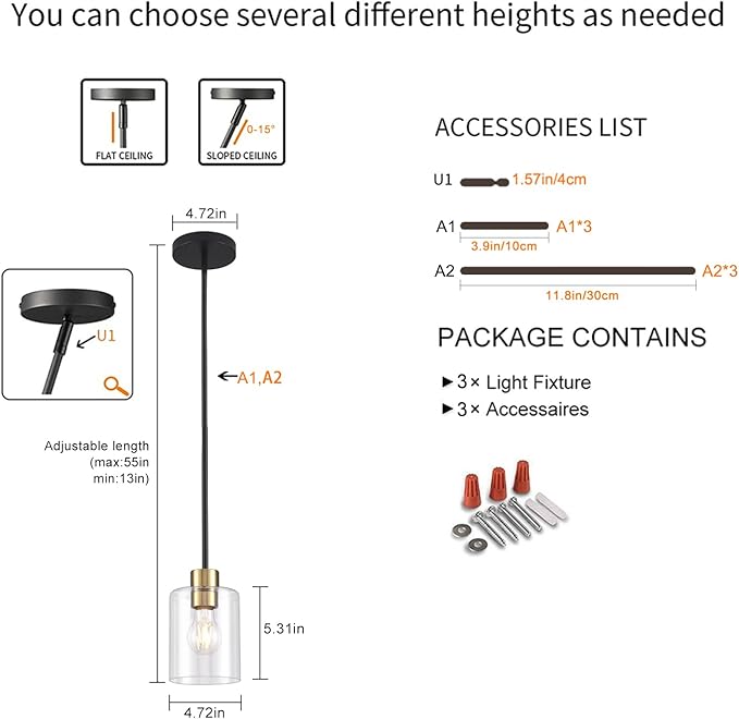 Black Brass Pendant Lights Kitchen Island - Clear Glass Brass Gold Pendant Light Fixture Multiple Stems Rods 3 Units 12 Inch 3 Units 4 Inch (3 Pack Black Brass Downrod)