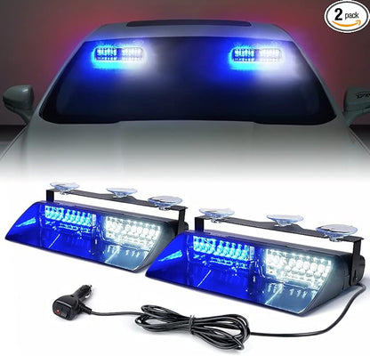 Xprite 2×11 inch High Intensity White Blue 32 LED Emergency Strobe Dash Lights, Interior Windshield Flashing Police Light w/Suction Cups for Police Law Enforcement POV Vehicles Trucks